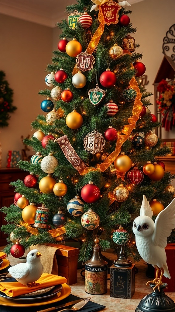 Harry Potter themed Christmas tree with ornaments, lights, and decorations.